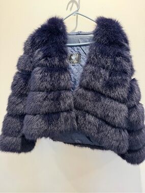 Plush Cropped Faux Fur Jacket hoodie- Navy
